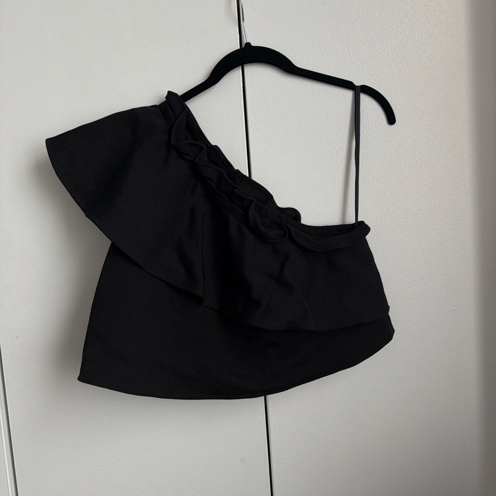 APIECE APART - One-Shoulder Ruffle Crop Top, Black, US 2